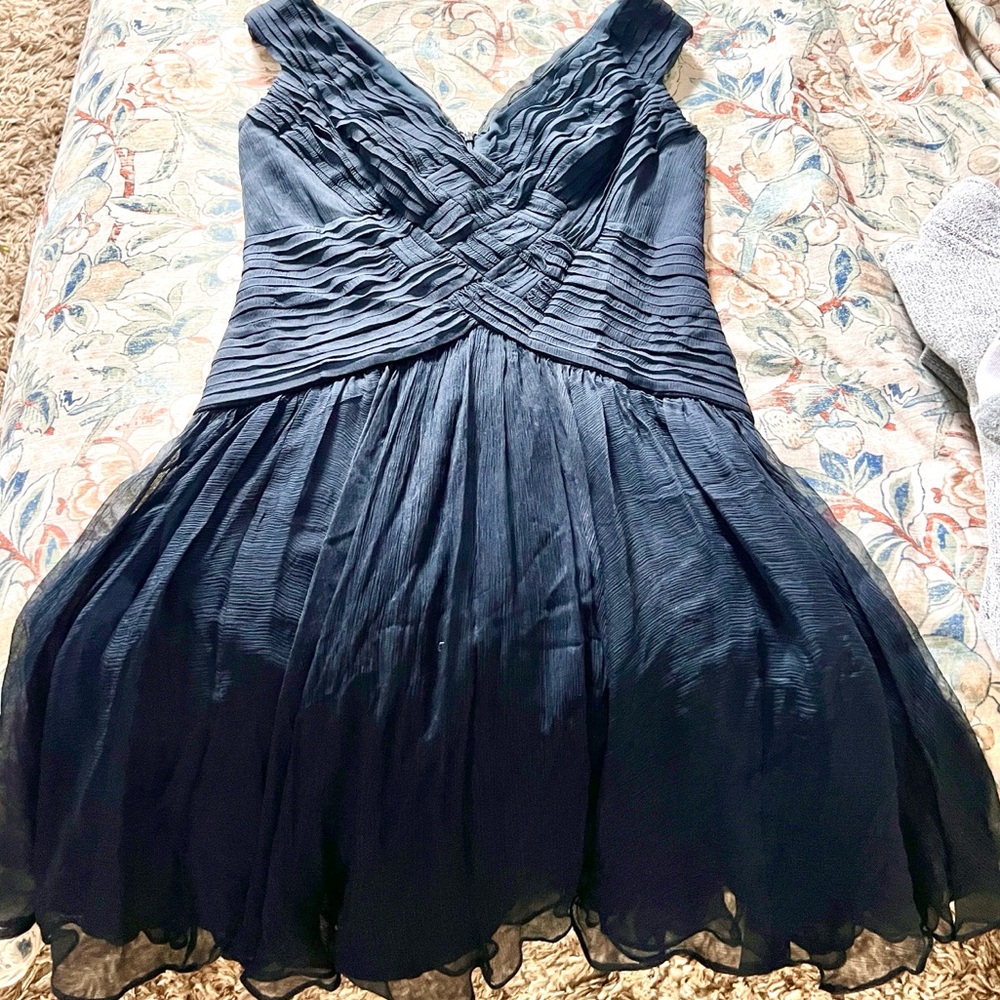 Tadashi Shoji Midnight Navy Pleated Chiffon Cocktail Dress Elegant Glam Size 8 - Picture 8 of 14